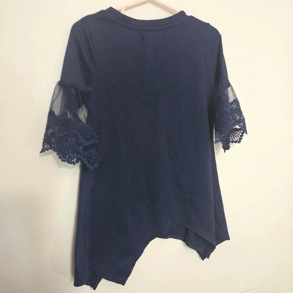 One Step Up Girl's Blue Dress 4T Assymmetric Hem Sheer Sleeve‎